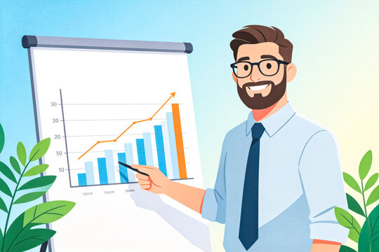 Businessman Presents Growth Chart on Flipboard in Office Setting