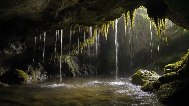 苔むした洞窟の天井から滴る水 シームレスループ動画背景 16:9 4K