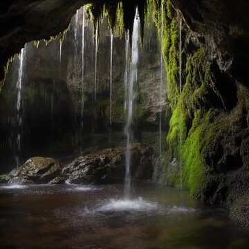 苔むした洞窟の天井から滴る水 シームレスループ動画背景 1:1 4K