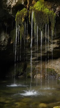 苔むした洞窟の天井から滴る水 シームレスループ動画背景 9:16 4K