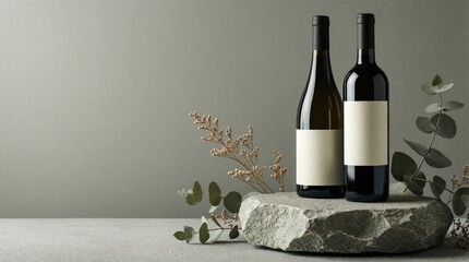 Obraz premium Blank wine bottle mockup on gray stone pedestal. Two glass bottles with empty paper labels stand near dried flowers, eucalyptus leaves. Minimalist product presentation for luxury alcohol branding