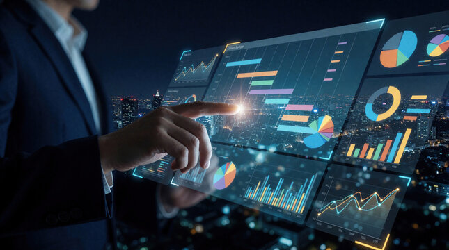 Businessman touches digital holographic interface with data charts, graphs. Man analyzes financial statistics on transparent screen over night city skyline. High tech hud display shows progress,