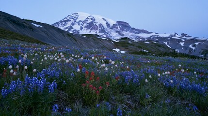 Fototapeta premium Mount Rainier lupine meadow with paintbrush flowers