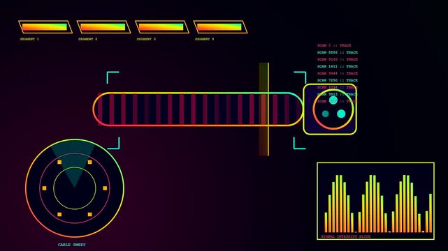 A sophisticated DMX controller interface displays shifting data streams and color bars while monitoring signal flow within a complex digital network environment for lighting professionals