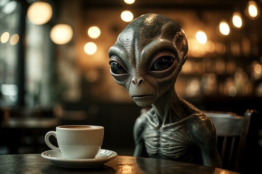 Alien extraterrestrial sits alone at cafe table with coffee cup. Strange grey creature enjoys drink in modern restaurant. Close up shot of space visitor in earth city. Mysterious inhabitant of