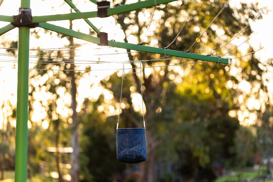Australian backyard scene of clothesline with peg bag hanging on line at sunset
