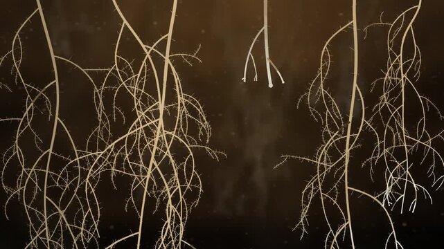 Plant roots branching and spreading downward through dark soil underground seamless loop in cool umber tones