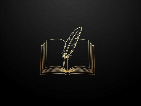 Elegant gold line art logo design of open book, feather pen. Minimalist quill icon on black background. Symbol for author, writer, education, literature academic wisdom. Luxury branding for