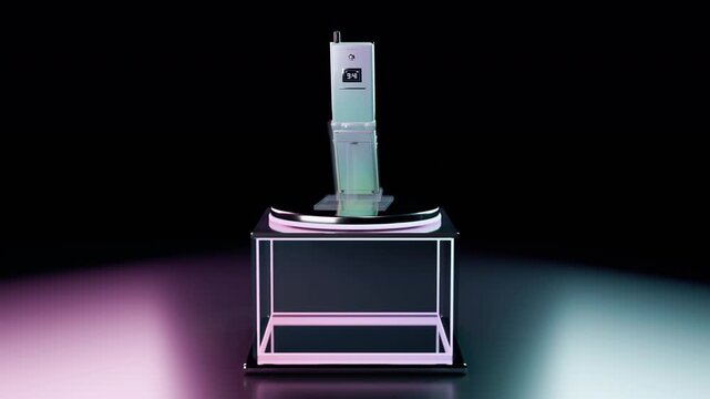 Retro flip phone rotates on a glass display stand with neon lighting in this 3D render, showcasing the classic vintage design with an open keypad and screen in a dark studio setting