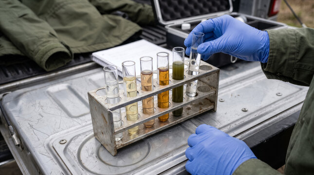 Scientist in gloves holding a test tube with water sample for environmental testing in a field laboratory setting
