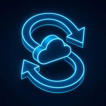 Glowing neon cloud sync icon computing infrastructure