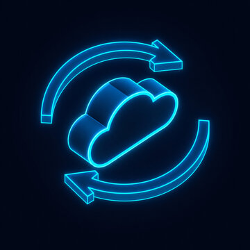 Neon cloud icon with rotating arrows synchronization infrastructure