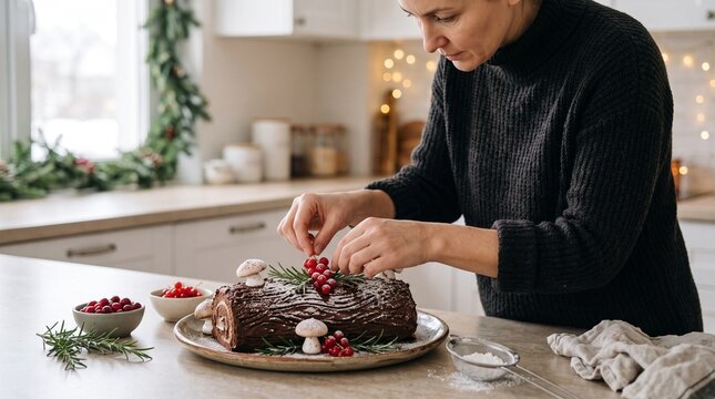 Woman decorating Christmas yule log cake with berries in a cozy kitchen
