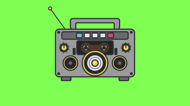 Retro portable cassette player radio animation loop on a bright green background