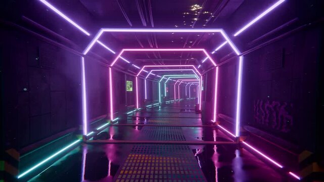 Camera moves through a futuristic sci-fi corridor illuminated by glowing purple and blue neon lights, featuring data screens and a wet reflective floor in this 3D render