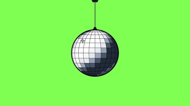 Rotating disco ball sphere hanging from a ceiling support against a solid green background