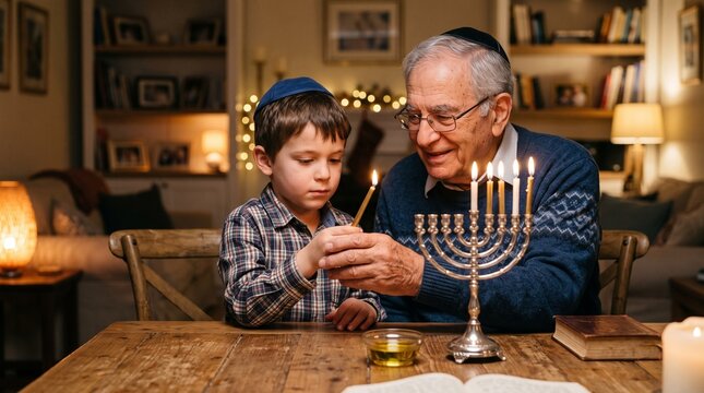 Jewish grandfather teaching grandson to light menorah during Hanukkah celebration