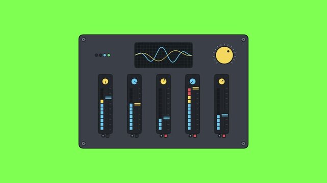 Audio mixing console interface with animated sound level meters and wave frequency display