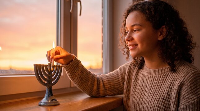 Teenager lighting a candle in a menorah at home during sunset