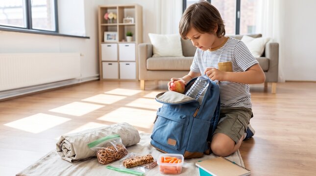 Young child packing lunch snacks and water into a backpack at home