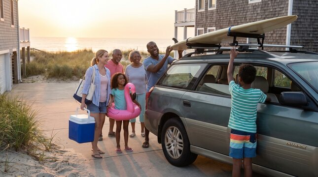 Diverse family loading beach toys and surfboards into a car at sunset