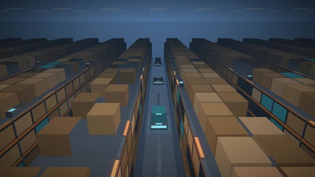 Automated warehouse racking aisles with robotic shuttles moving cargo boxes seamless loop in calm amber tones