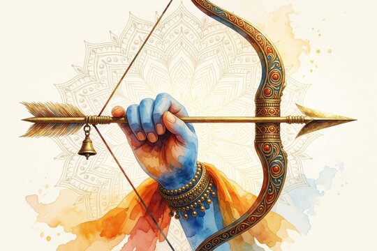 Blue skinned hand holds ornate bow and arrow, adorned with bell and jewelry. Traditional mandal pattern decorates background. Symbolizes strength, faith, and spiritual devotion.