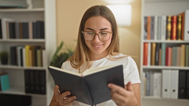 Woman student reading a hardcover book, smiling and touching her hair in a building study area with bookshelves and lamp; calm concentration.