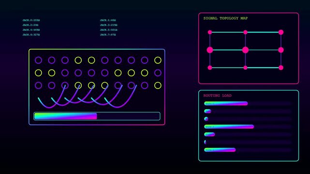 a colorful digital audio console interface displays cycling signal patterns and routing indicators with glowing neon circuitry lines shifting across the dark modern control panel