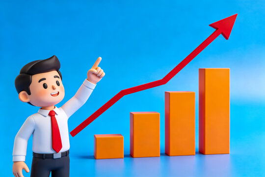 Businessman Pointing at Upward Growing Bar Chart Showing Growth