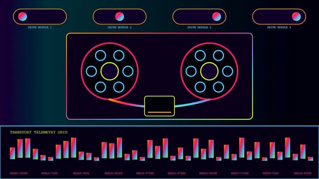 Neon reel to reel audio console interface displaying digital frequency bars and cycling loading modules within a dark cinematic electronic visual monitoring studio playback system