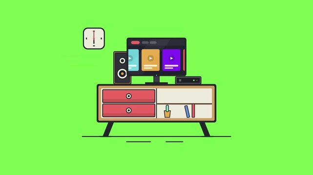 Living room television unit with media streaming interface timeline showing daily schedule progression