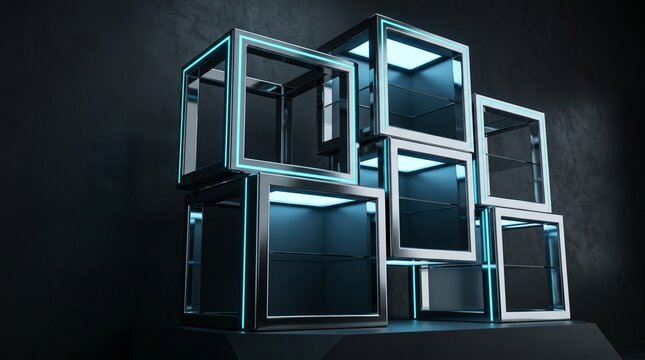 Modular mirrored cube product showcase with offset compartments and glowing electric cyan edges, layered ice blue illumination, futuristic asymmetrical retail architecture.