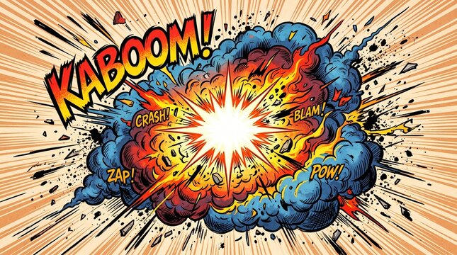 Vintage Comic Book Explosion with Kaboom and Action Sound Effects