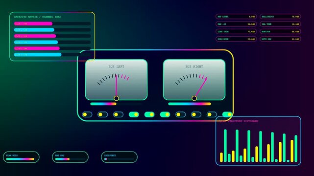 A vibrant digital audio console screen displays shifting waveforms and data metrics as various levels fluctuate across the three distinct interface panels during active playback session