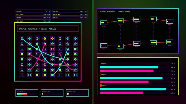 the audio console interface displays cycling data streams with glowing nodes and lines shifting across panels to visualize signal flow in this rhythmic electronic display