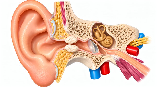 Detailed anatomical cross-section diagram of the human ear highlighting conditions such as exostosis and inner ear structures for medical education