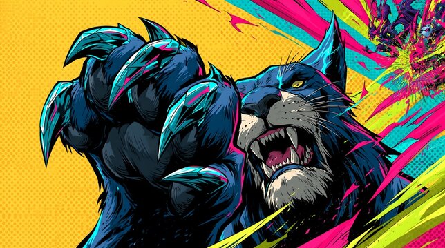 Fierce snarling panther with sharp claws and glowing cyan neon accents, comic pop art vector illustration with halftone dots for poster and banner design