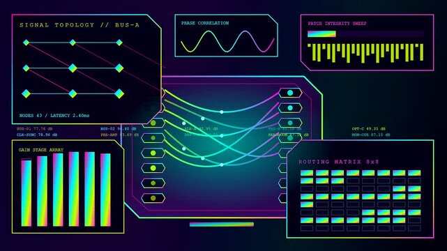 Digital audio console interface displays cycling through complex signal processing graphs with neon grid patterns shifting in a continuous loop for modern studio monitoring production setups