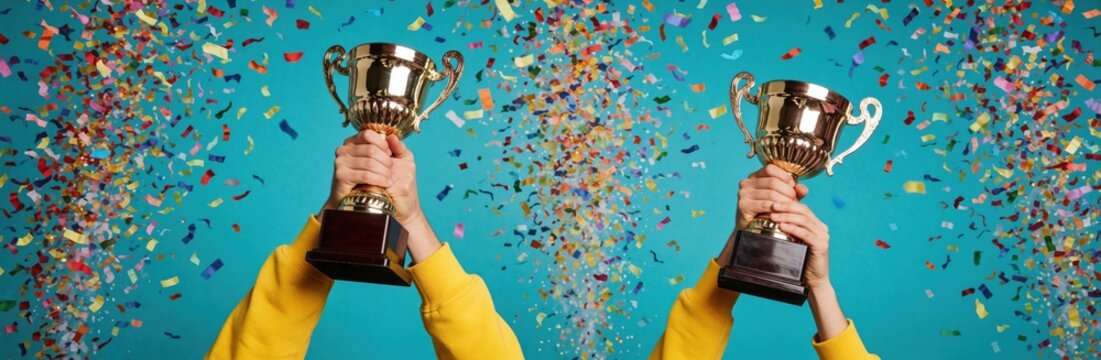 Hands hold gold trophies aloft as colorful confetti falls around them. Celebrating victory and achievement against a bright turquoise backdrop, signifying success and joyful competition.