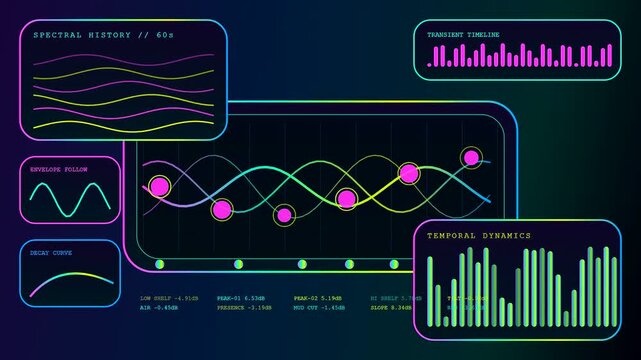 a colorful digital audio console interface displays vibrating sound waves and data bars in a rhythmic motion set against a dark glowing studio monitor screen
