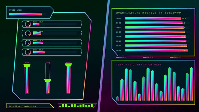 Neon bars shift within an audio console user interface displaying fluctuating levels and signal indicators during a rapid sequence of digital sound processing monitor panel updates