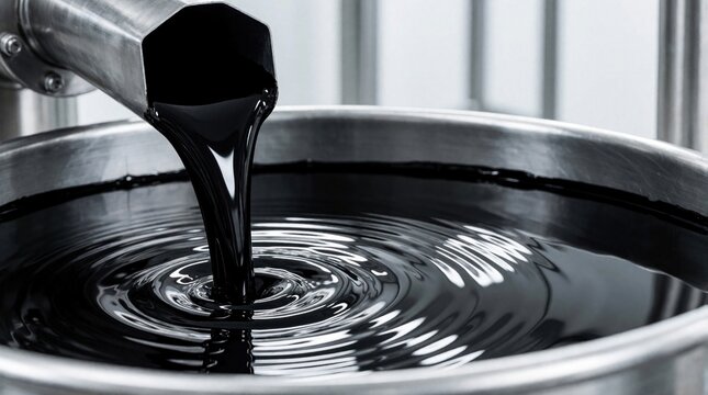 Black liquid coal tar binder flows from metal pipe into large steel container. Industrial chemical process shows smooth dark substance pouring for electrode manufacturing. Pure raw material used in