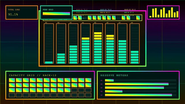 A digital audio console interface displays evolving patterns of light and fluctuating signal levels across multiple stacked panels in a dark monochromatic environment for electronic analysis