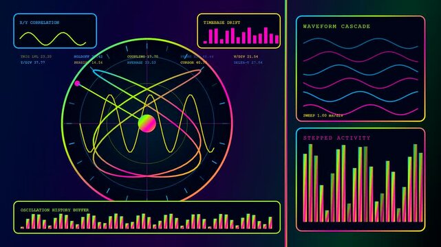 A digital audio console showing animated colorful sine wave patterns with pulsing bar graphs moving in a rhythmic sequence within a dark room glowing interface display