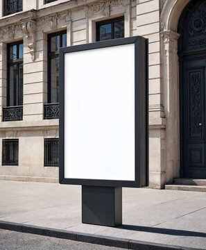 Blank Billboard on Building Facade: An empty digital billboard stands on a city sidewalk in front of an ornate, classic building, ready for advertising or public information.