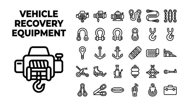Vehicle Recovery Equipment Icons: A collection of detailed line art icons representing various vehicle recovery tools, including winches, tow hooks, shackles, and jacks.