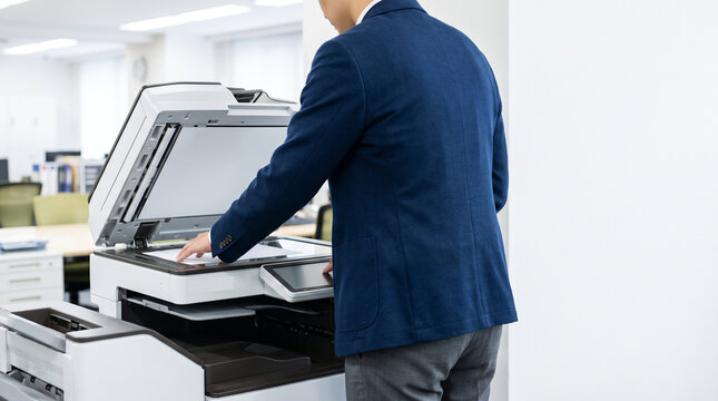 Businessman in a suit using a copy machine to print documents in the office.