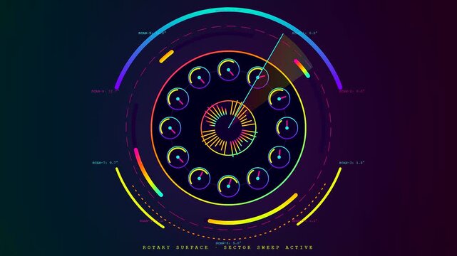 A circular audio console interface displays rotating graphical elements and shifting light patterns that sweep across a dark screen in this rhythmic motion sequence animation