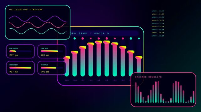 Digital audio console interface with moving faders and wave patterns displayed on a dark glowing screen to simulate complex signal processing in a modern music studio